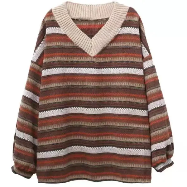 New Women Clothes Korean Vintage Striped Lantern Sleeve Autumn Sweater Female Loose Long Sleeve Mid Length Top Autumn Winter - Image 3