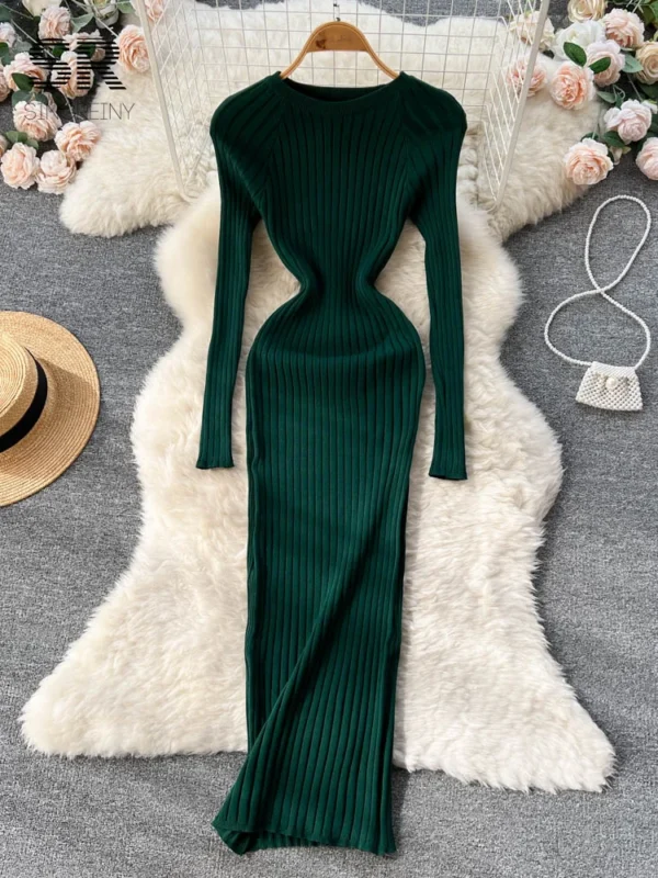 SINGREINY Winter Women Knit Maxi Dress O Neck Autumn Long Sleeve Slim Solid Harajuku Ladies Fashion Pencil Sweater Long Dresses - Image 2