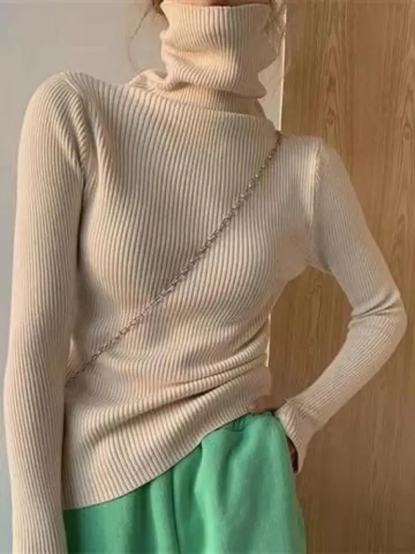 Elegant Solid Basic Knitted Tops Women Turtlneck Sweater Casual Pullover Korean Fashion Simple With Thumb Holes Chic Clothes - Image 3