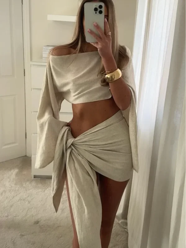 Women Cotton Linen Long Pagoda Sleeve Crop Top 2 Piece Set One Piece Twisted Knot Mini Skirt Suit Summer Lady Highstreet Outfits - Image 2