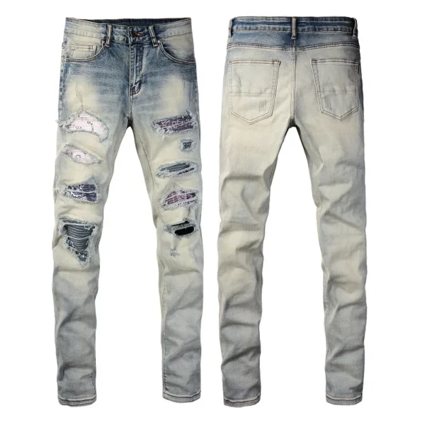 High Street Fashion Men's Jeans Vintage Elastic Tight Split Jeans Men's Blue Hole Red Patch Designer Hip Hop Brand Pants Homer - Image 6