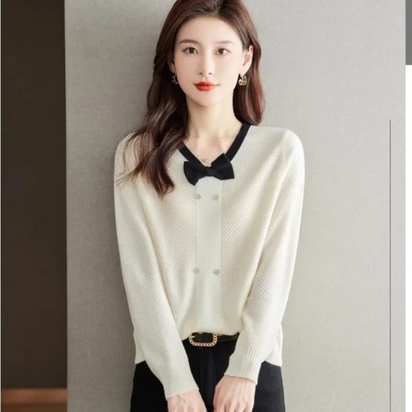 Women Autumn Winter Korean Slim Bow Solid Color Women Clothes Trend O-neck Long Sleeve Sweater Pullover Long Sleeve Sweatertops - Image 2