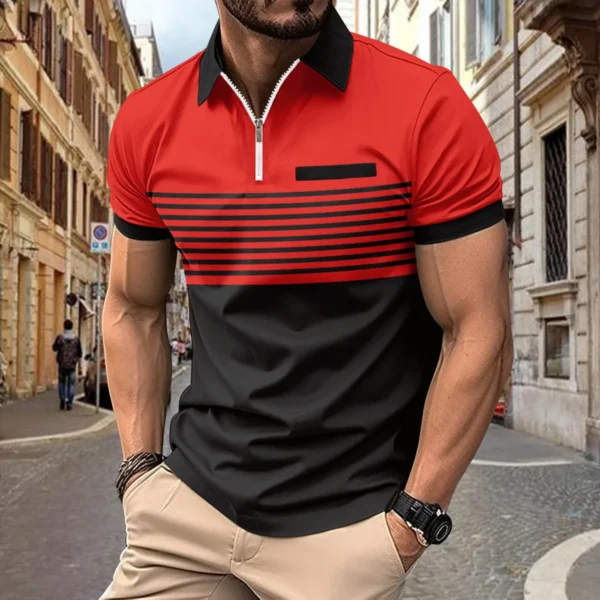 INS Spring/Summer POLO Shirt Men's Zipper Printed Stripe Leisure Sports Muscle Fitness Polo Shirt Top