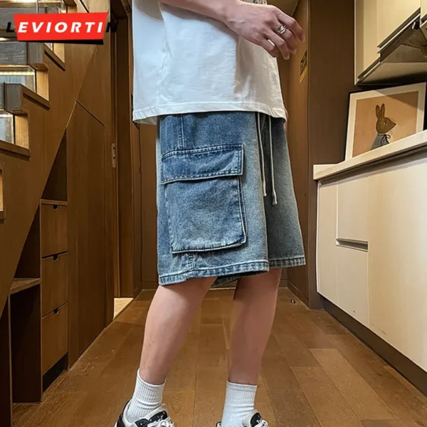Men's Summer New Style Loose Straight Work Denim Shorts, Basic Versatile Multi-color, Elasticated Washed Mid-length Shorts - Image 3
