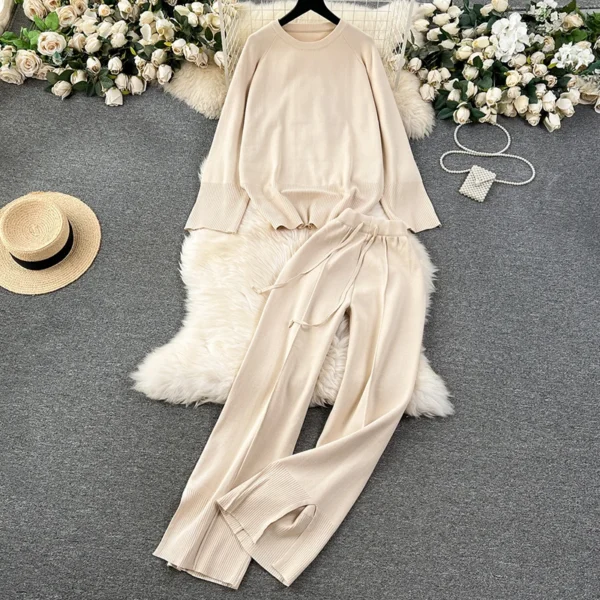 HELIAR Women Knitted Loose 2 Piece Sets Long Sleeve O-Neck Sweater and Wide Leg Pants Outfit Casual Office Set Autumn Winter - Image 5