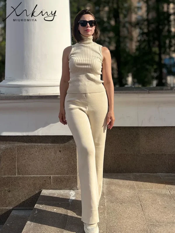 Spring 3 Pieces Set Outfits Women Knitted Suits Pants Sets Khaki Turtleneck Vest Long Cardigans Loose 3 Pieces Suit For Women - Image 3