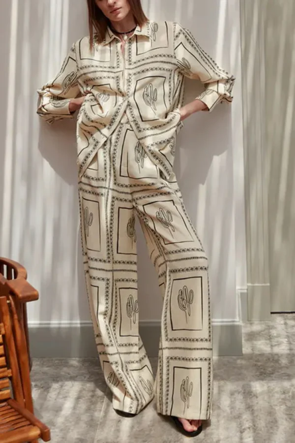 Printed Shirts Two Piece Set Women Long Sleeve Lapel Shirts High Waist Wide Leg Pants Suit For Women Home Wear Outfits Clothing - Image 3