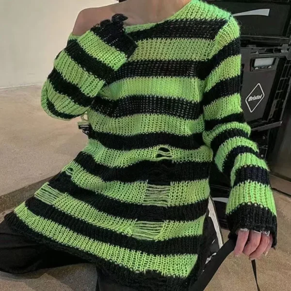 New Goth Punk Gothic Sweater Oversized Pullovers Women Striped Cool Hollow Out Hole Broken Jumper Harajuku Aesthetics Sweater - Image 4
