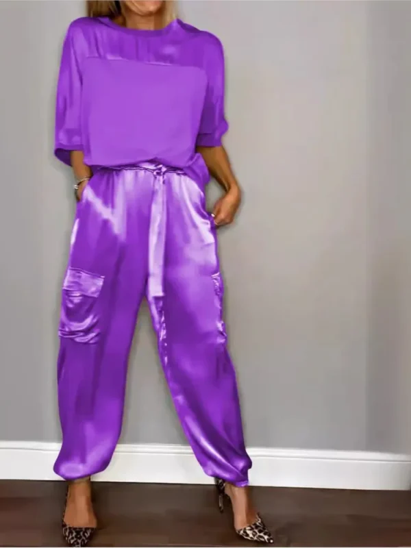 For Women Spring Summer Fashion Solid Color Satin Two Piece Set New O Neck Long Sleeve Top Long Pants Casual Loose Two Piece Set - Image 3