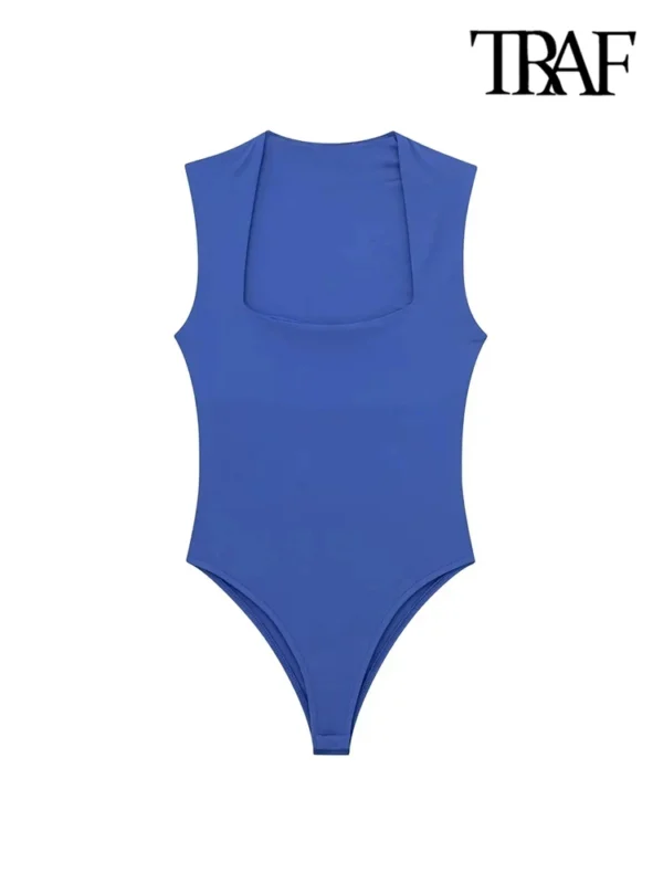 TRAF-Skinny Bodysuits for Women, Sexy Fashion, Square Neck, Sleeveless, Snap-Button, Female Playsuits, Mujer - Image 3