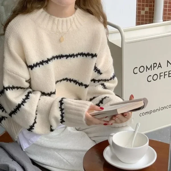 Vintage Japanese Style Loose Fit Sweater Women's Thickened Autumn/Winter New Long Sleeve Striped Half Polo/Turtle Neck Knitted T