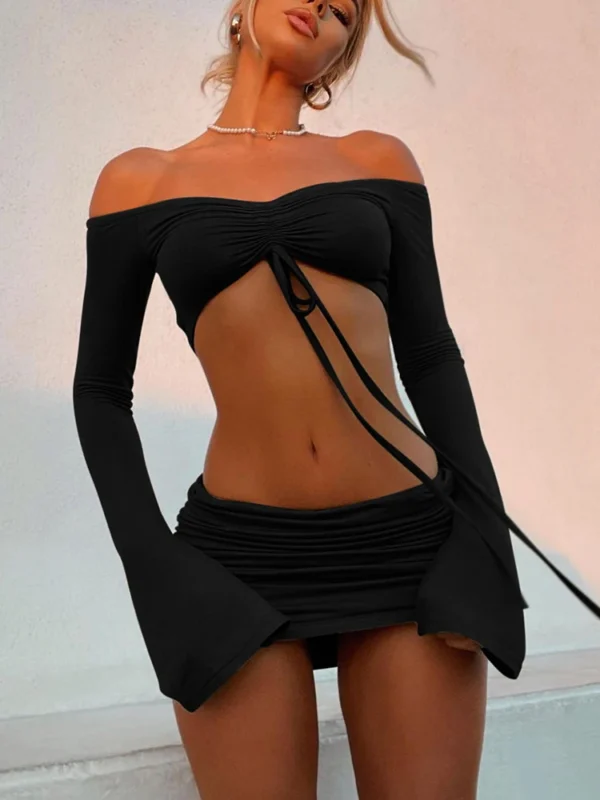 Dulzura 2024 Summer Women 2 Pieces Set Long Sleeve Drawstring Crop Top Mini Skirt Outfits Bodycon Matching Co Ords Set Sexy Club - Image 5