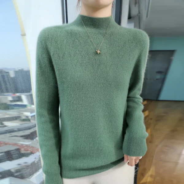 Autumn and winter new semi high neck women's sweater, wool knit sweater, loose and slimming, warm and hollow out design anti pil - Image 3