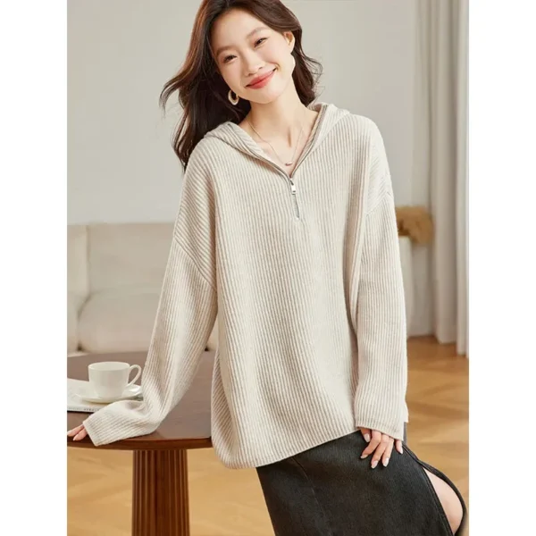 Women's Clothing Casual Loose Zipper Hooded Sweaters Autumn Winter Solid Soft Wool Knitted Pullovers Commute High Quality Tops - Image 3