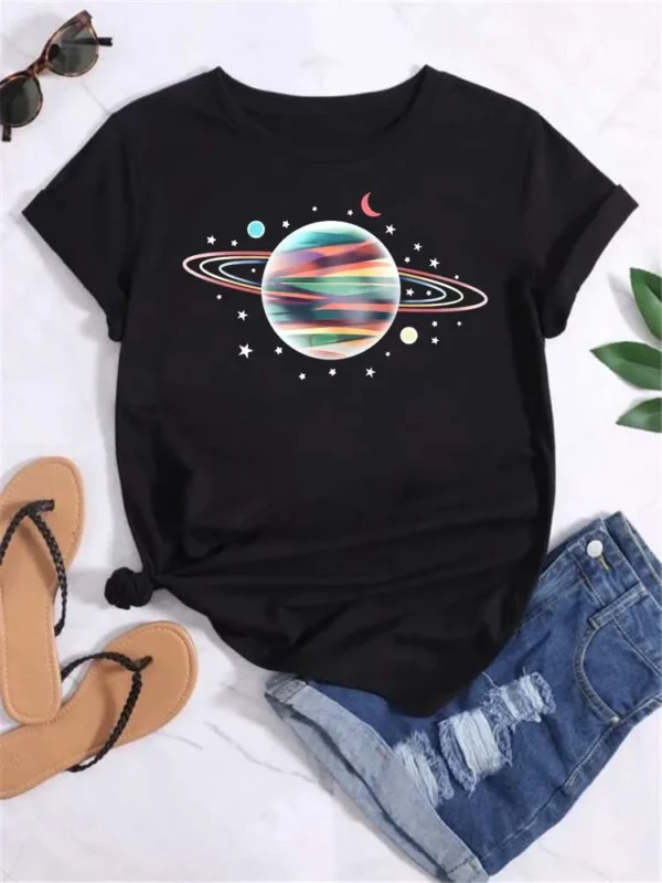 Maycaur T Shirt Women Moon Planet Print Fashion Tee Shirts Casual Round Neck Short Sleeve Streetwear Female T-Shirt Vintage Tops - Image 6