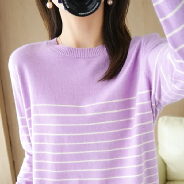 100% Cotton Knitted Sweater Women's Sweater Striped Color Matching Round Neck Large Size Loose Temperament Long Sleeve Bottoming - Image 6