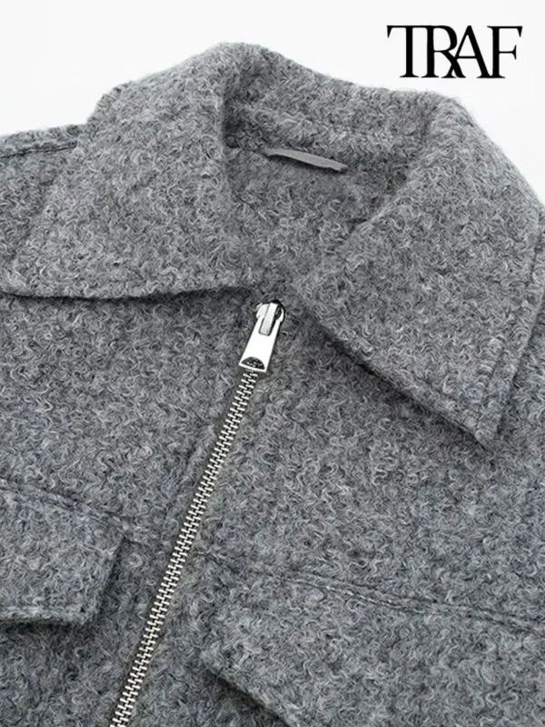 TRAF Women Fashion Patch Pockets With Flaps Cropped Jacket Coat Vintage Long Sleeve Front Zipper Female Outerwear Chic Tops - Image 5