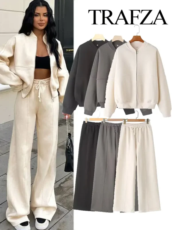 TRAFZA Women's 2-piece Retro Solid Color Zipper Bomber Jacket Sweatshirt + High-waisted Lace-up Women's Loose Velvet Pants Suit - Image 5