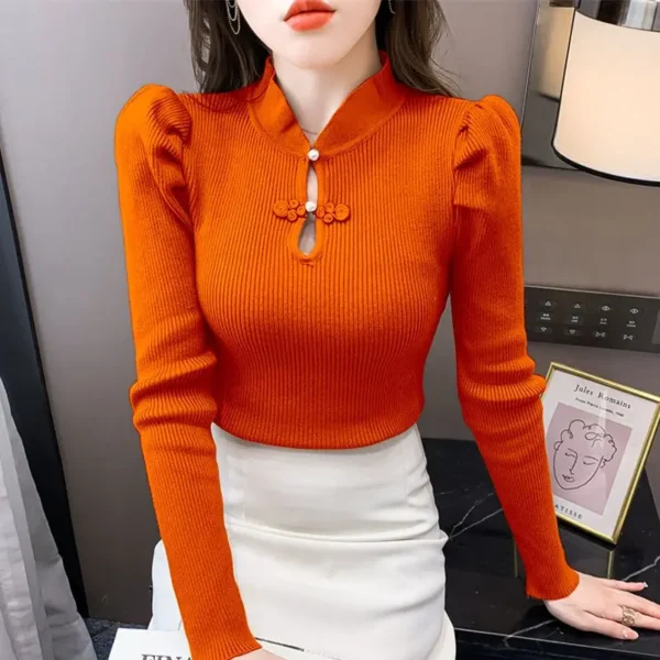 Women's Autumn Winter Fashion Elegant Round Neck Pullover Long Sleeve Solid Color Linen Casual Versatile Western Commuter Tops - Image 2