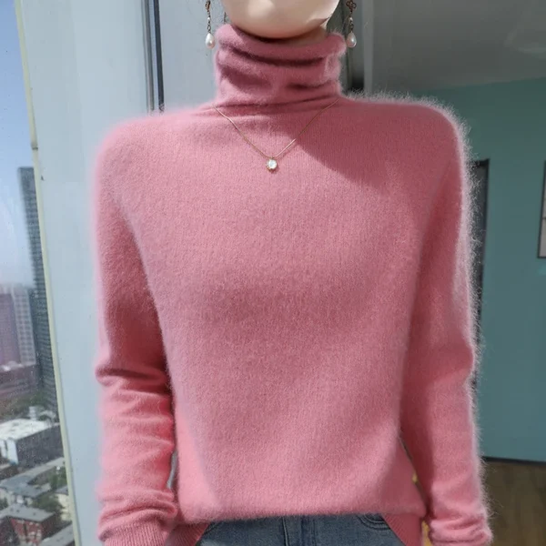 Autumn And Winter New 100% Pure Mink Cashmere Sweater Women's Pile Collar Pullover Slim Sweater Knitted Bottoming Shirt - Image 5