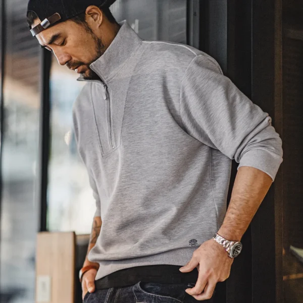 Maden Men's Spring and Autumn Casual Gray Pullover Sweatshirt Patchwork Standing Collar Sweatshirts Metal Zipper Top Clothing - Image 6