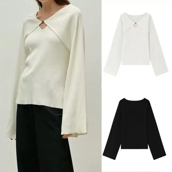 VKC@ Pit Stripe Knitted Shirt for Women's Spring 2025 Casual Metal Buckle Decoration Wide Sleeve Tube Long Sleeve Pullover Top
