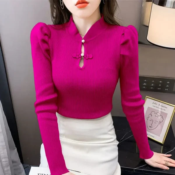 Women's Autumn Winter Fashion Elegant Round Neck Pullover Long Sleeve Solid Color Linen Casual Versatile Western Commuter Tops - Image 4