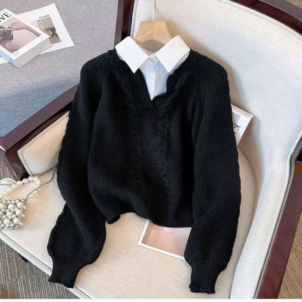 Retro Design with Fake Two Patchwork Sweaters for Women Long Sleeve Solid Loose Vintage Pullover Top Fashion Casual Fall Winter - Image 2