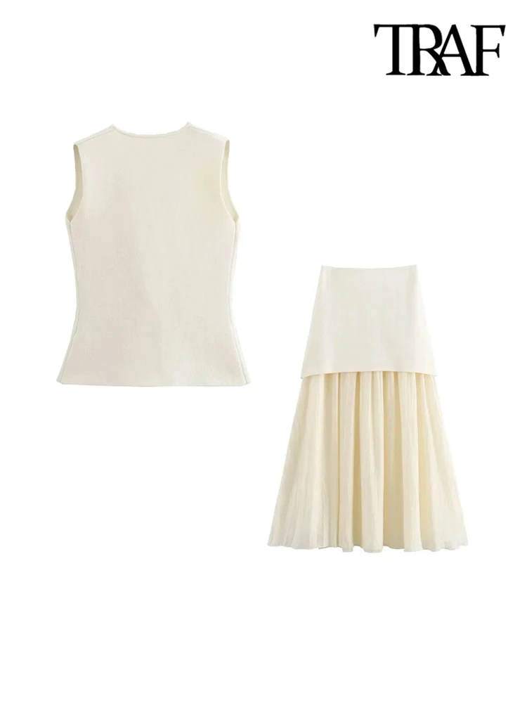 TRAF Women Fashion With Golden Buttons Knit Waistcoat And High Elastic Waist Pleated Midi Skirt Female Two Piece Sets Mujer - Image 2