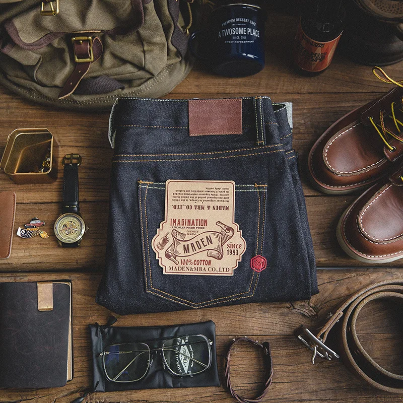 Maden Vintage 14.5oz Selvedge Raw Denim Jeans with YKK Zipper Fly Embroidery Straight Jeans Classic Men's Autumn Solid Trousers - Image 2