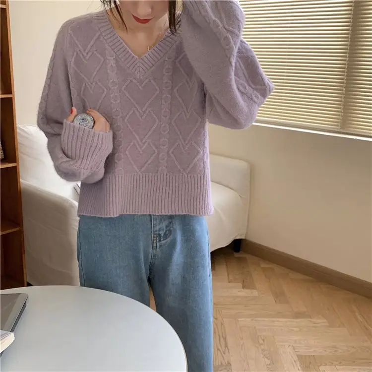 Women Autumn Winter Casual Screw Thread Solid Color Knitting Women Clothes All-match V-neck Loose Pullover Long Sleeve Sweater