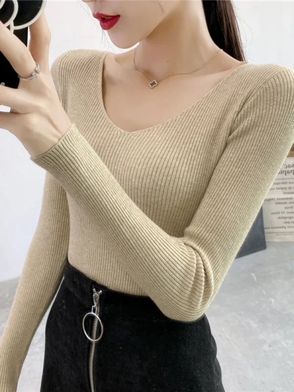 Spring Autumn V Neck Women Sweater Casual Long Sleeve Slim-fit Tops Knitted Pullover Sweaters Femme Basic Solid Pull Clothes - Image 5