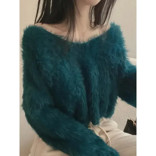 Korean Style Gentle Elegant Plush Sweater Women's Autumn/winter New Long Sleeve Cropped Knitted Top Hooded Pullovers - Image 3