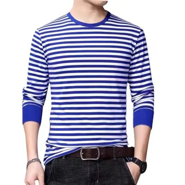 Men's Striped Long Sleeve T-shirt Retro Round Neck Rib Cuff Sailor Top Casual Pullover Top Navy Style T-shirt Men's Clothing - Image 2