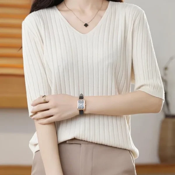 2023 New Spring Summer New Women's V-neck Short-Sleeved Exquisite Cashmere Knitted Sweater Pullover Solid Color - Image 6