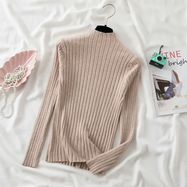 Women Pullover Ribbed Knitted Sweater Autumn Winter Pullovers Turtleneck Long Sleeve Slim Basic Solid Female Sweaters Tops - Image 3
