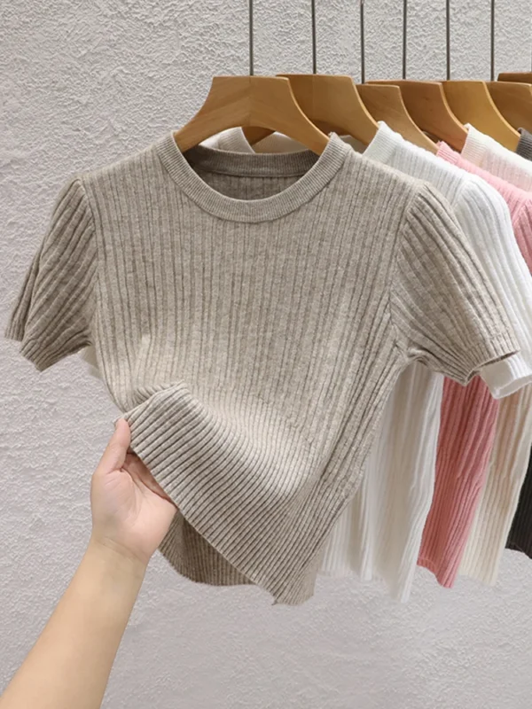 2024 Summer T shirts for Women Casual Female Korean Knit Streetwear Tees Basic Solid Young Cool Tops - Image 2