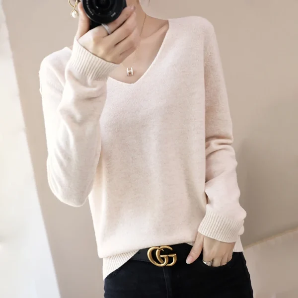 2024 Spring and autumn V-neck pullover sweater women long sleeve solid color Korean version of loose sweater with top ZD 047