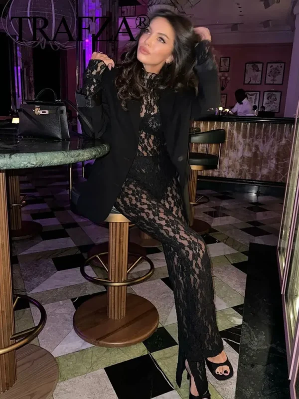 TRAFZA Womens Lace Pants Sets Slim Jumpsuits Top + High Waist Trousers Sexy Lady Floral Lace Translucent Y2k Bodysuit Suits - Image 5