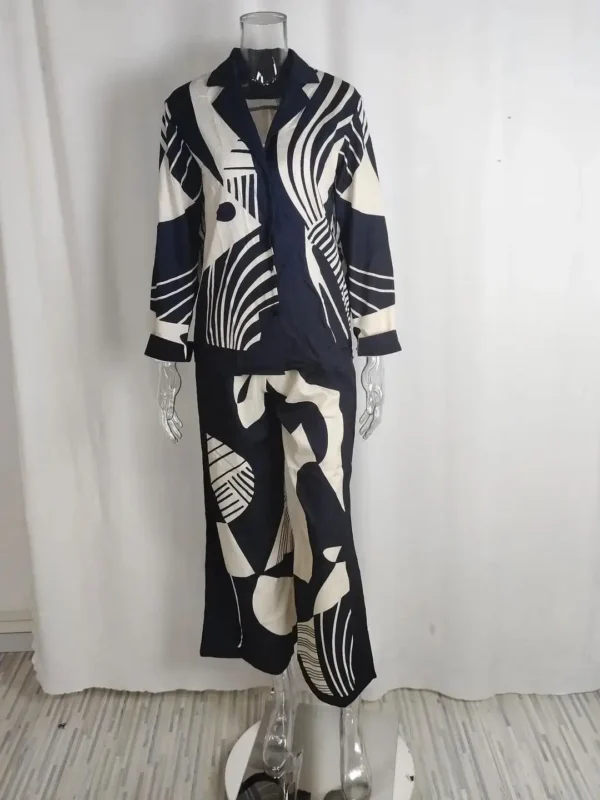 Women Digital Print 2 Piece Set Chic Lapel Long Sleeved Blouse Top Loose Straight Leg Pants Suit Fashion Streetwear Outfits 2023 - Image 2