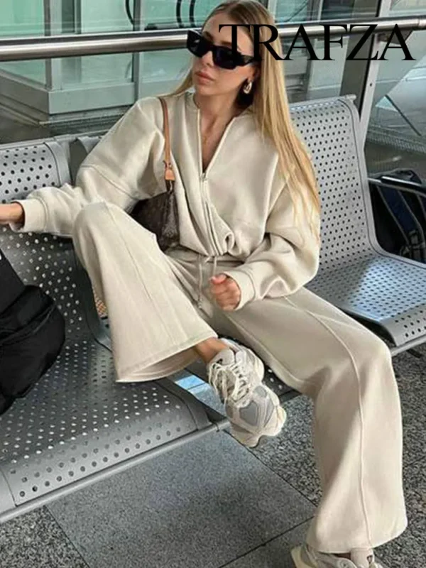 TRAFZA Women's 2-piece Retro Solid Color Zipper Bomber Jacket Sweatshirt + High-waisted Lace-up Women's Loose Velvet Pants Suit - Image 2
