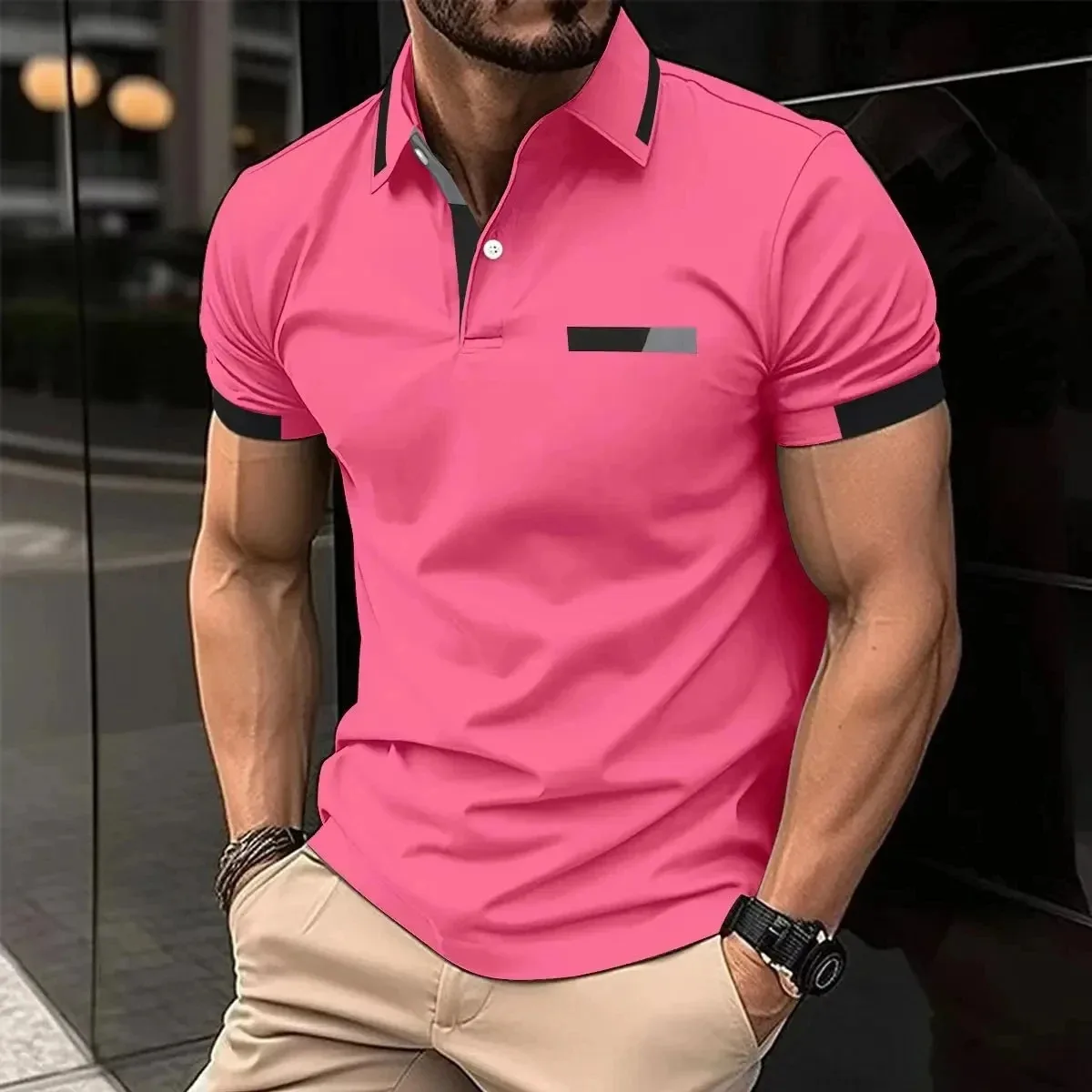 Summer Men's Casual Short Sleeved Polo Shirt Solid Color Lapel Tops Fashion Casual Business Pink Polo Shirt Breathable T-shirt
