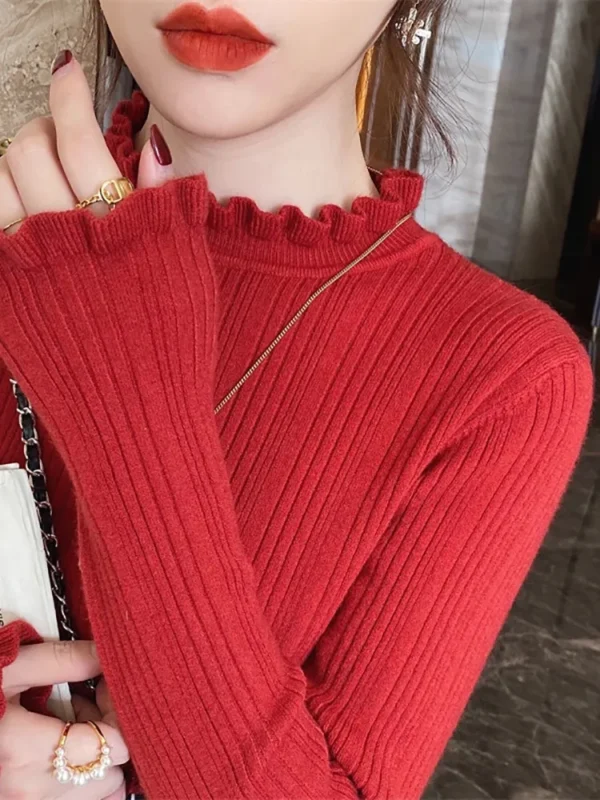 2024 Elegant Solid Basic Knitted Tops Women Turtlneck Sweater Casual Slim Pullover Korean Fashion Simple Chic Ruched Clothes - Image 5