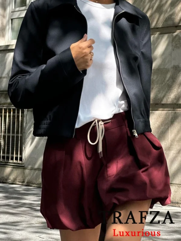 TRAFZA Vintage Casual Chic Bordeaux Red Women Suit Turn-down Collar Zipper Jacket Drawstring Mini Skirt Fashion 2024 Autumn Suit - Image 3