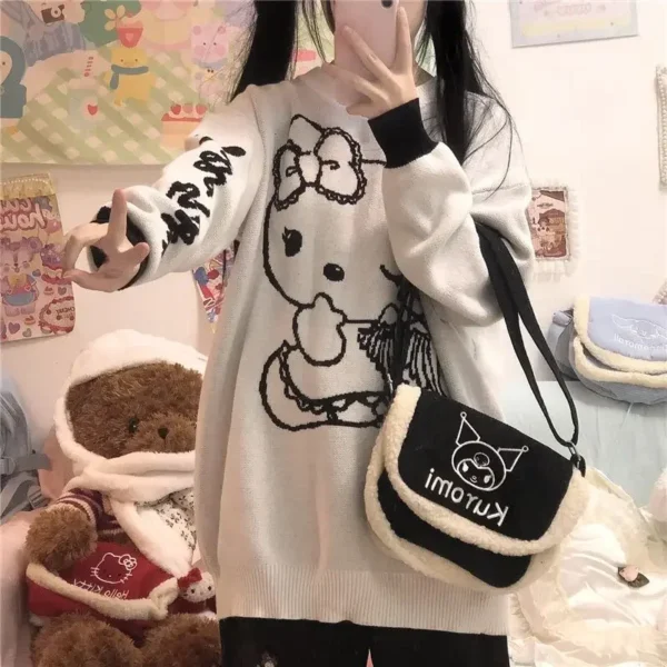 Sanrioed Hello Kitty Sweater Anime Kawaii Spring Winter Y2K Girls Preppy Knitting Sweater Long Sleeve Japanese Woman Tops Loose
