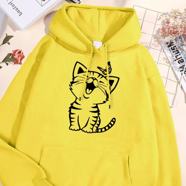 Cartoon Cat and Butterfly Print Hoodie Man Autumn Warm Fleece Hoodies Comfortable Pullover Simple Loose Hoody Street Clothing - Image 2