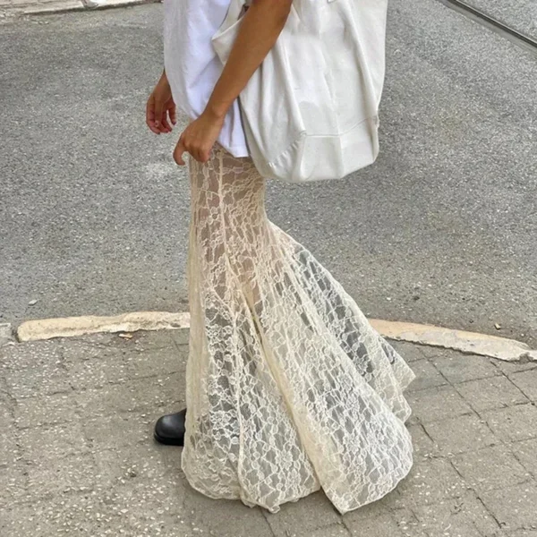 Two Layer Lace Trumpet & Mermaid Long Skirts For Women Vintage Elegant Fashion High Waist Skirt Holiday Outfits