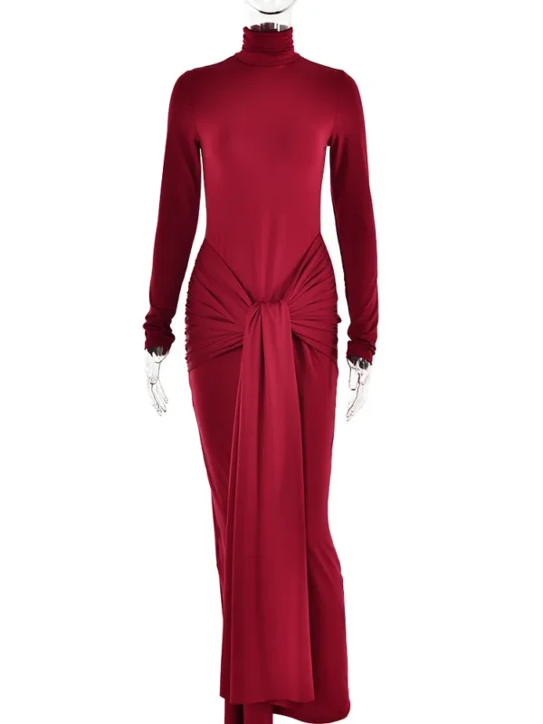 Articat High Neck Long Sleeve Bodycon Dress For Women Tight Elastic Lace Up Maxi Long Dress Autumn 2023 New Party Club Vestidos - Image 5