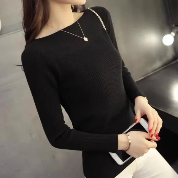 Women Ribbed Slash Neck Slim Sweater Knitted Long Sleeve Office Sweaters Casual Solid Pullovers For Women 2024 Autumn - Image 6