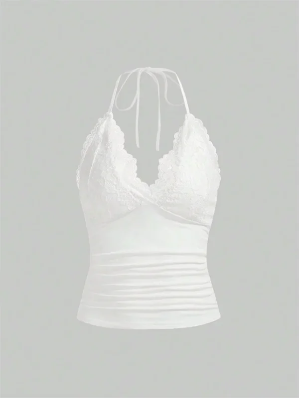 Lace V-neck Halter Top Women Summer Sexy Grunge Punk Goth Backless Ruched Crop Top Cami Top Streetwear Y2K Clothes 2024 - Image 2